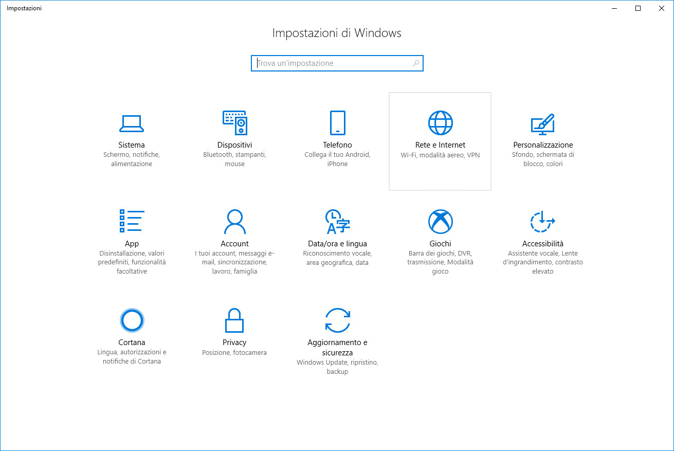 Impostazioni di Windows - Rete e Internet